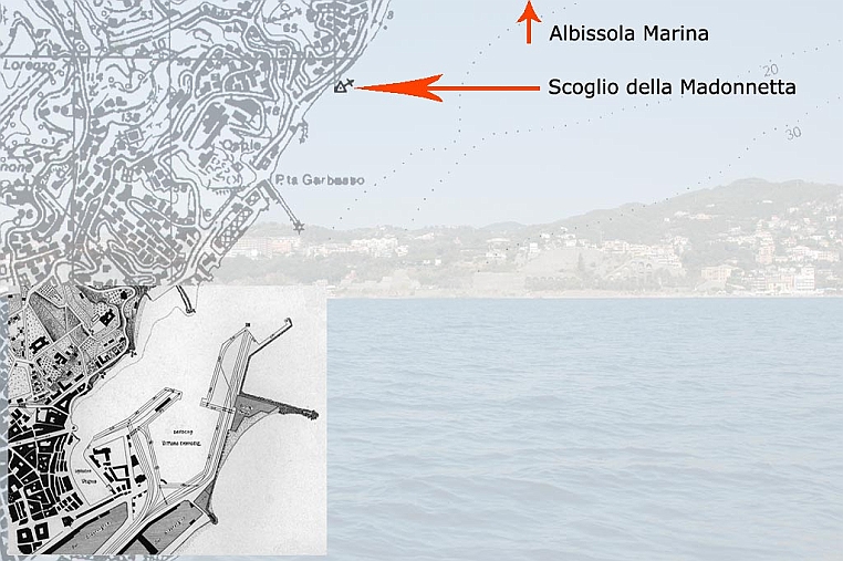 08-porto1890.jpg - Sovrapponendo la mappa del piano regolatore portuale del 1890 a una piantina attuale, si nota che lo scoglio e tutta la zona, erano ancora in un luogo molto isolato.