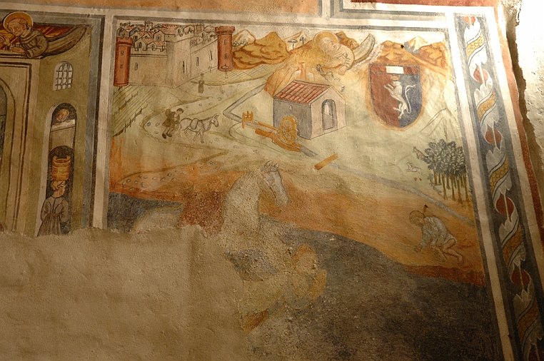 81_DSC_6771.jpg - A destra di questa natività una cartolina di saliceto de 1450: Il paese è cinto da mura con torri. C’è  il fiume, un santo che lo protegge e lo stemma di un cavaliere con i colori di Genova.